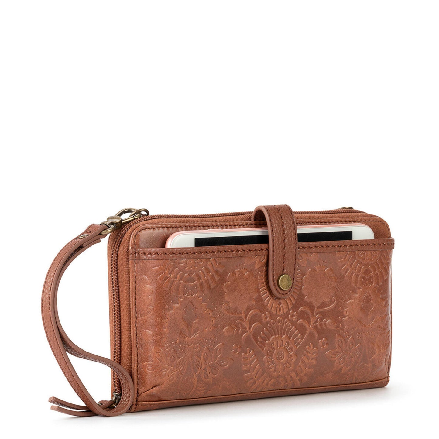 The Sak Iris Large Smartphone Crossbody Leather - |Tobacco Floral Embossed|