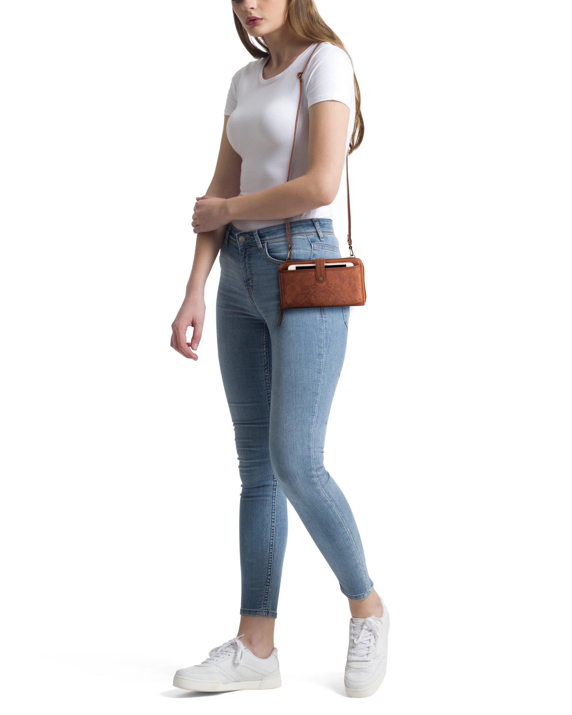 The Sak Iris Large Smartphone Crossbody Leather - |Tobacco Floral Embossed|