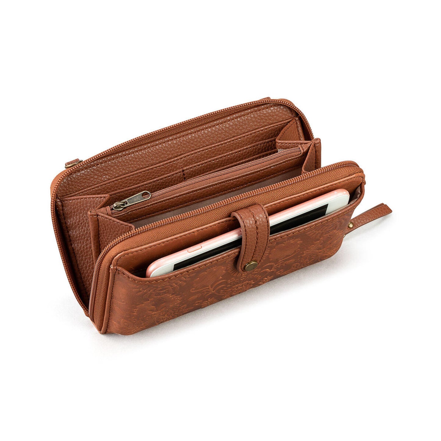 The Sak Iris Large Smartphone Crossbody Leather - |Tobacco Floral Embossed|