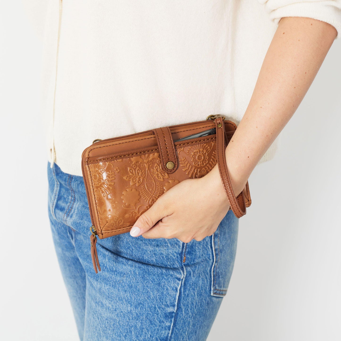 The Sak Iris Large Smartphone Crossbody Leather - |Tobacco Floral Embossed|