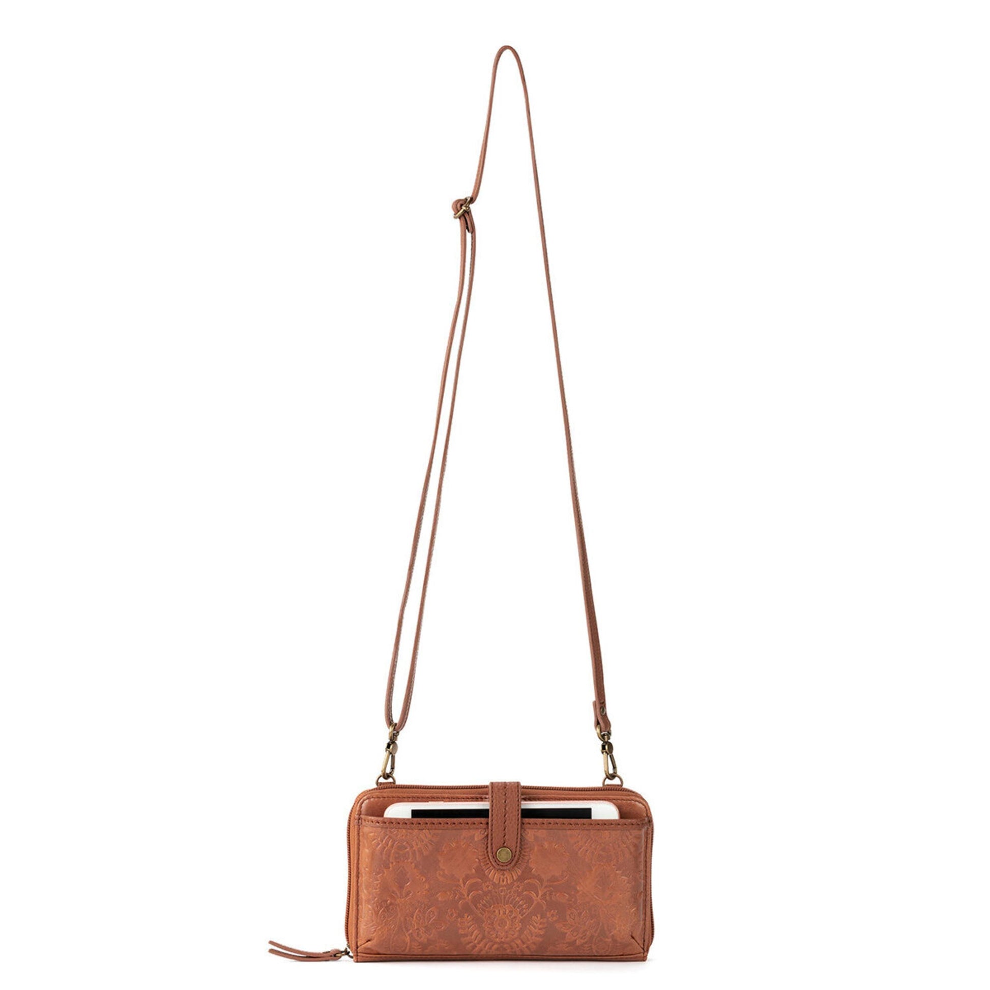 The Sak Iris Large Smartphone Crossbody Leather - |Tobacco Floral Embossed|