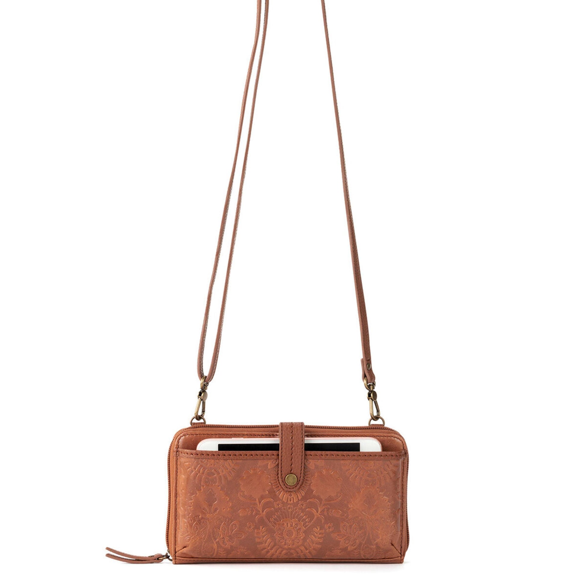 The Sak Iris Large Smartphone Crossbody Leather - |Tobacco Floral Embossed|
