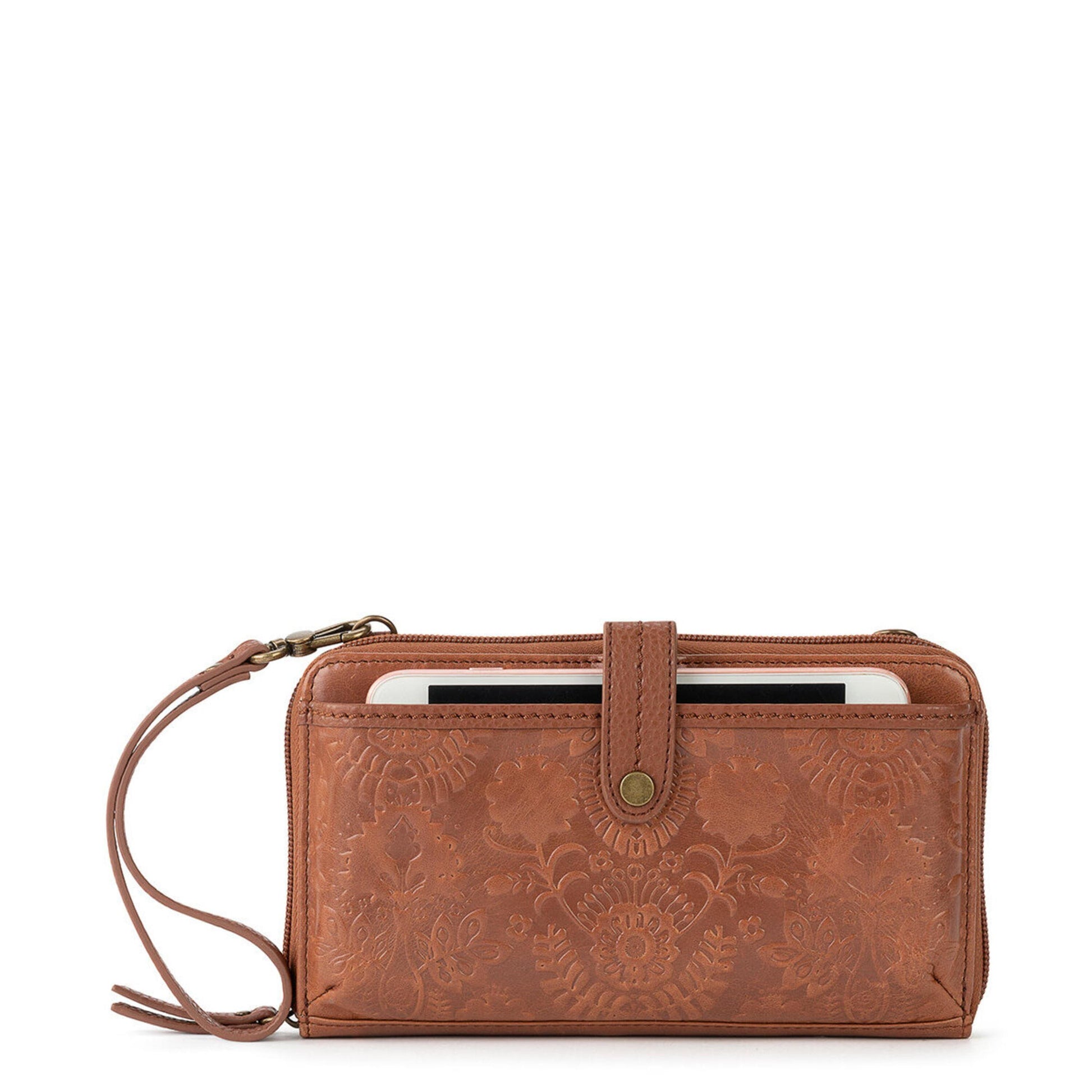 The Sak Iris Large Smartphone Crossbody Leather - |Tobacco Floral Embossed|