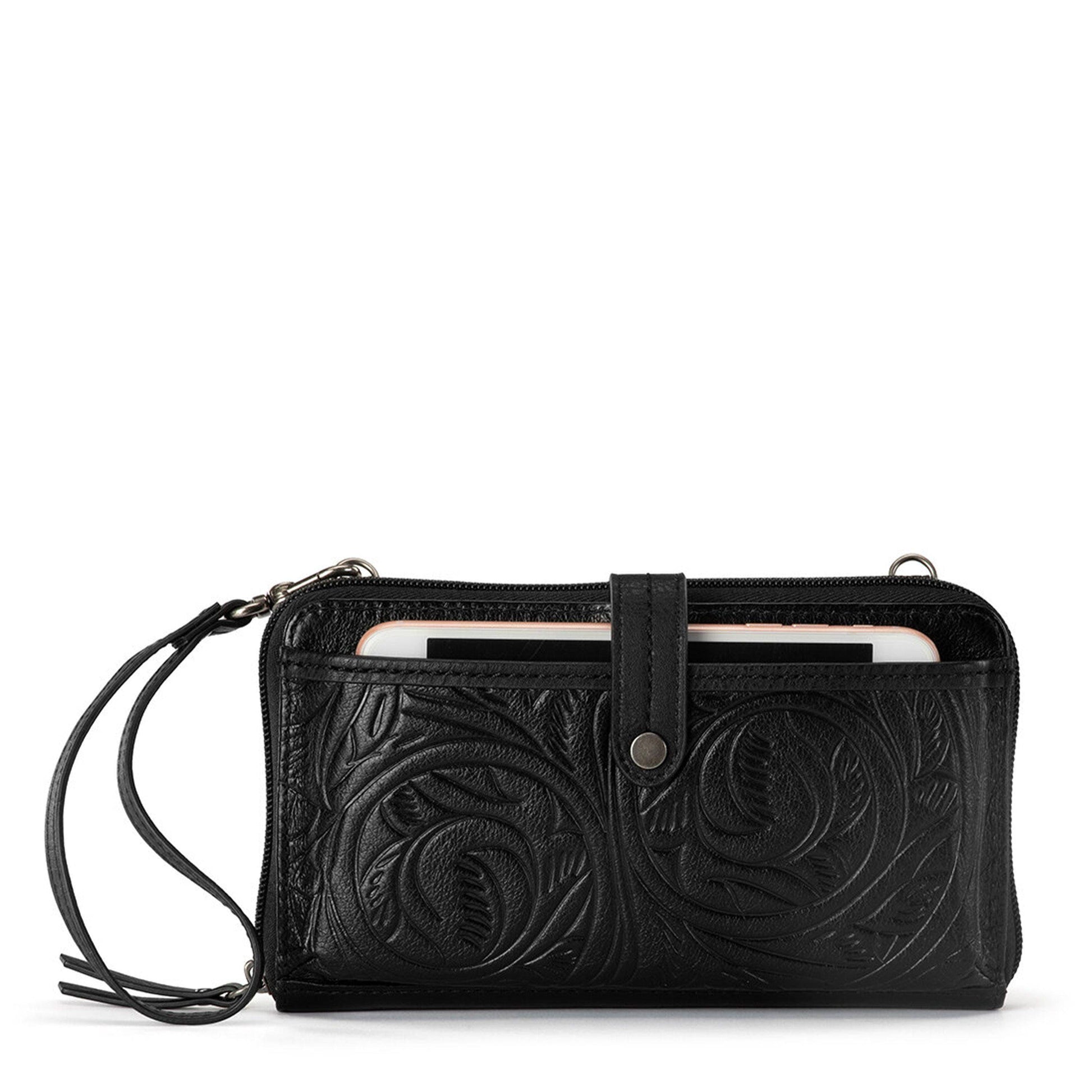 The Sak Iris Large Smartphone Crossbody Leather - |Black Leaf Embossed|