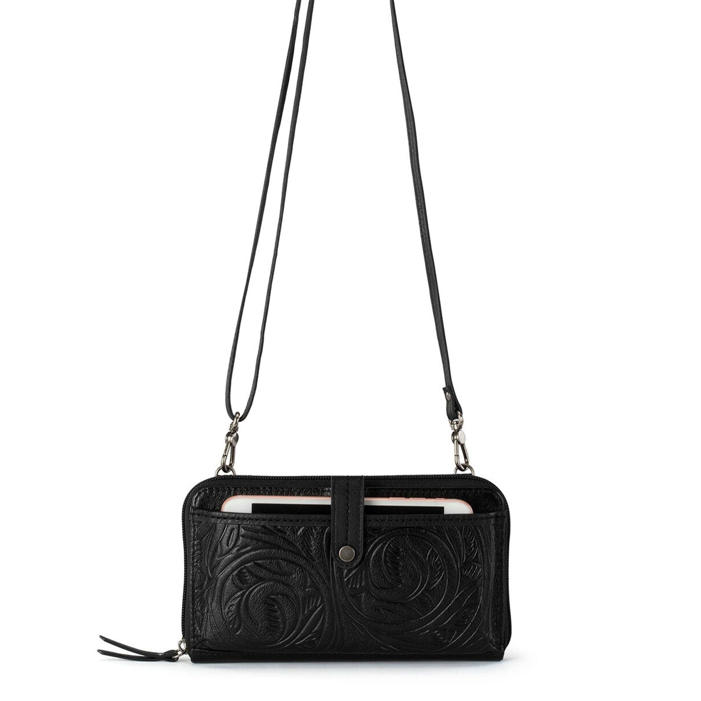 The Sak Iris Large Smartphone Crossbody Leather - |Black Leaf Embossed|