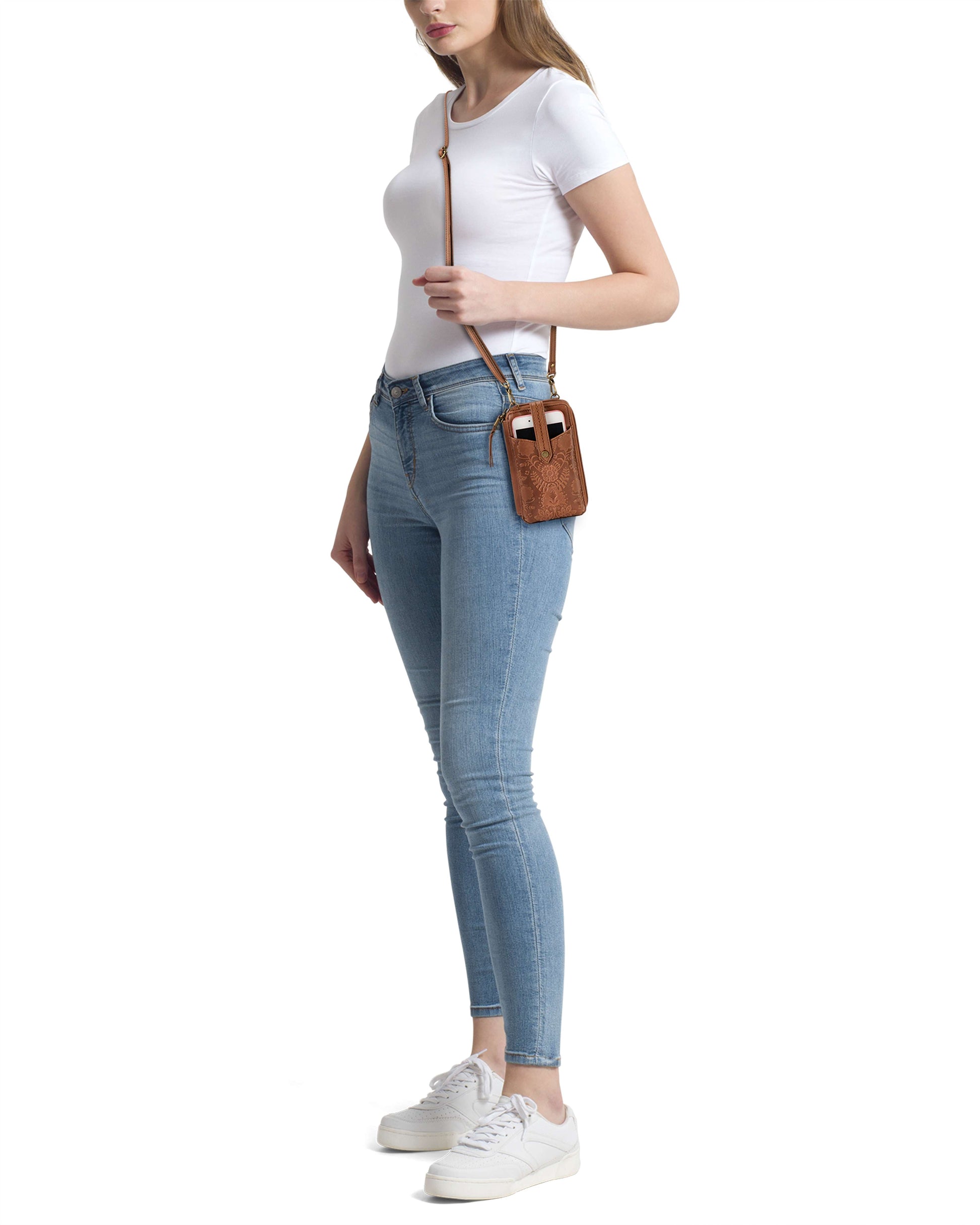 The Sak Silverlake Smartphone Crossbody Leather - |Tobacco Floral Embossed|