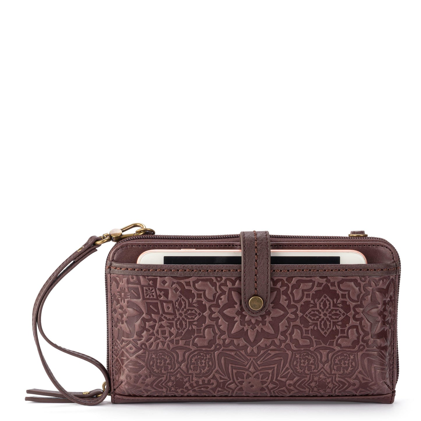 The Sak Iris Large Smartphone Crossbody Leather - |Mahogany Tile Embossed|