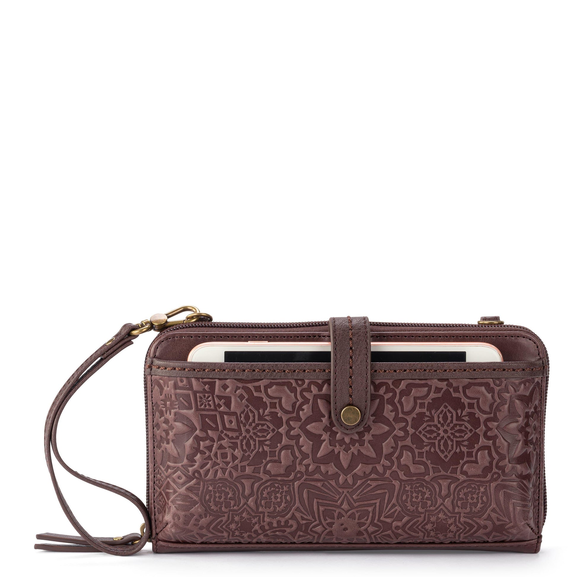 The Sak Iris Large Smartphone Crossbody Leather - |Mahogany Tile Embossed|