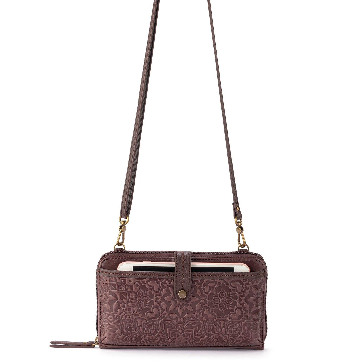 The Sak Iris Large Smartphone Crossbody Leather - |Mahogany Tile Embossed|
