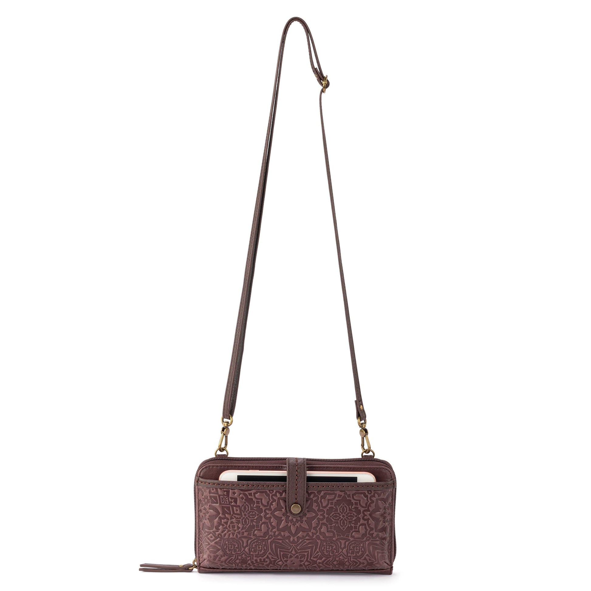 The Sak Iris Large Smartphone Crossbody Leather - |Mahogany Tile Embossed|