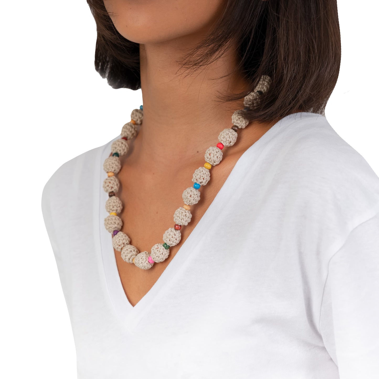 The Sak Drea Crochet Bead Necklace - |Ecru Multi Beads|