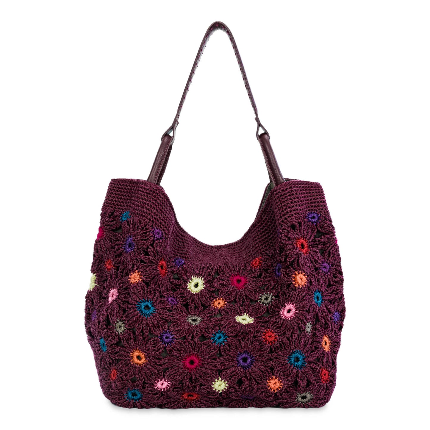 The Sak Los Feliz Large Tote - Hand Crochet - Black Cherry Mlt Flw