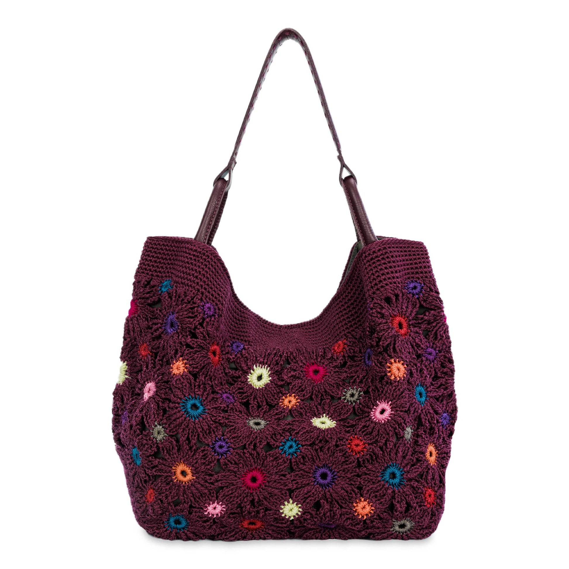 The Sak Los Feliz Large Tote - Hand Crochet - Black Cherry Mlt Flw