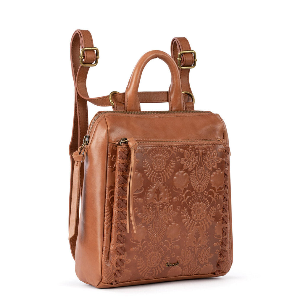 The Sak Loyola Mini Backpack - Leather - Tobacco Floral Embossed