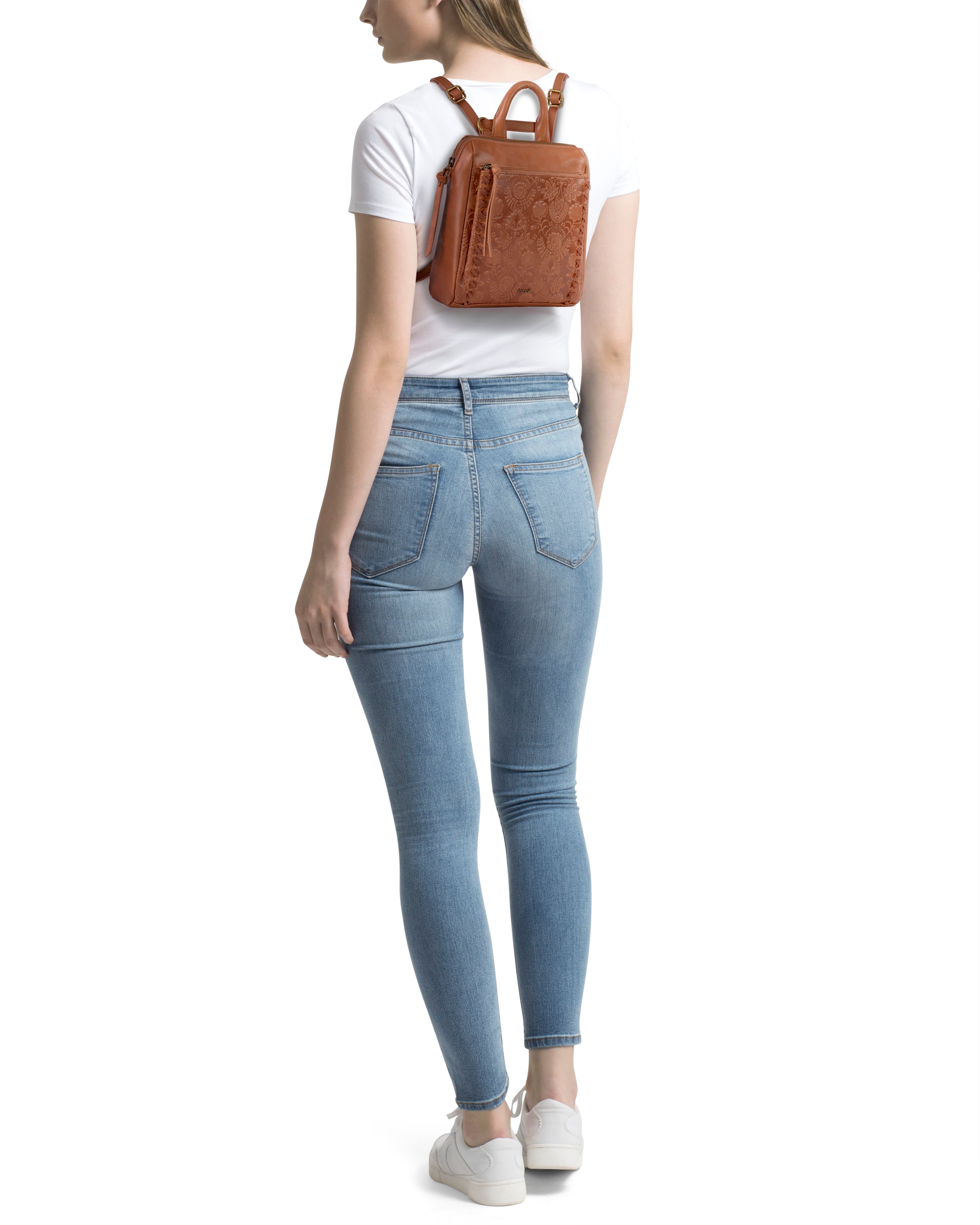 The Sak Loyola Mini Backpack - Leather - Tobacco Floral Embossed