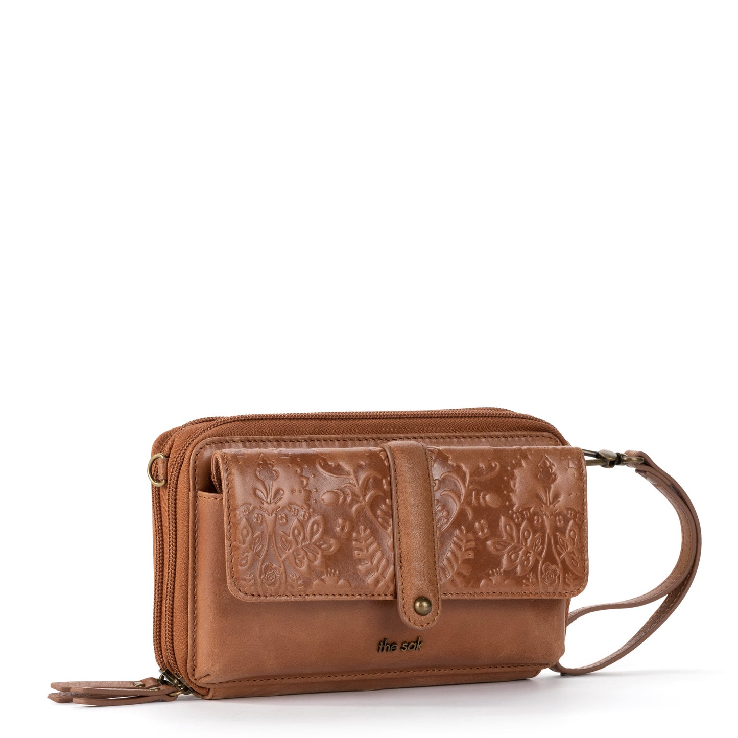 The Sak Sequoia Extra Large Smartphone Crossbody Leather - |Tobacco Floral Embossed|