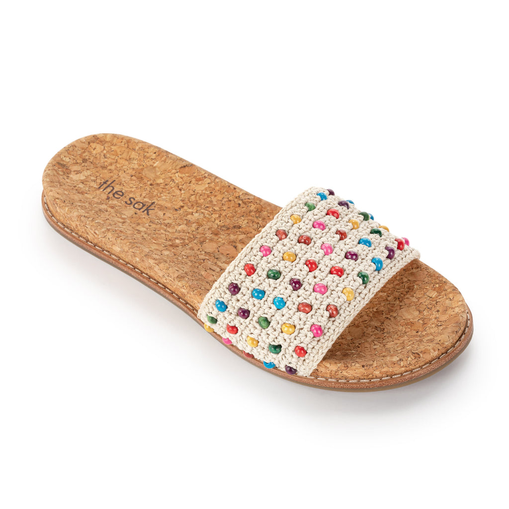 The Sak Mendocino Slide Sandal - Hand Crochet - Ecru Multi Beads