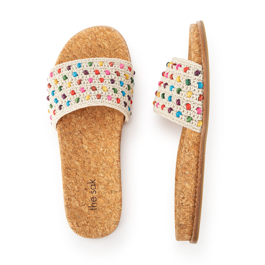 The Sak Mendocino Slide Sandal - Hand Crochet - Ecru Multi Beads