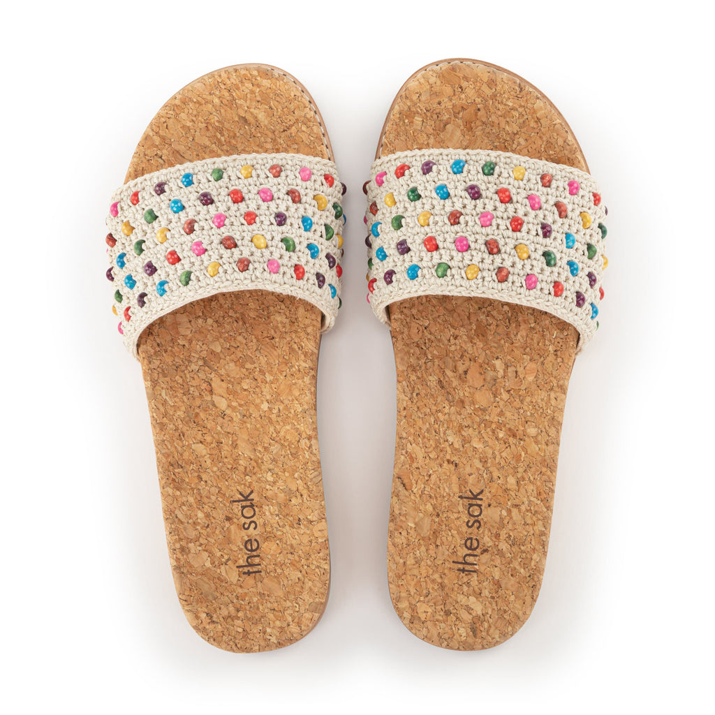 The Sak Mendocino Slide Sandal - Hand Crochet - Ecru Multi Beads
