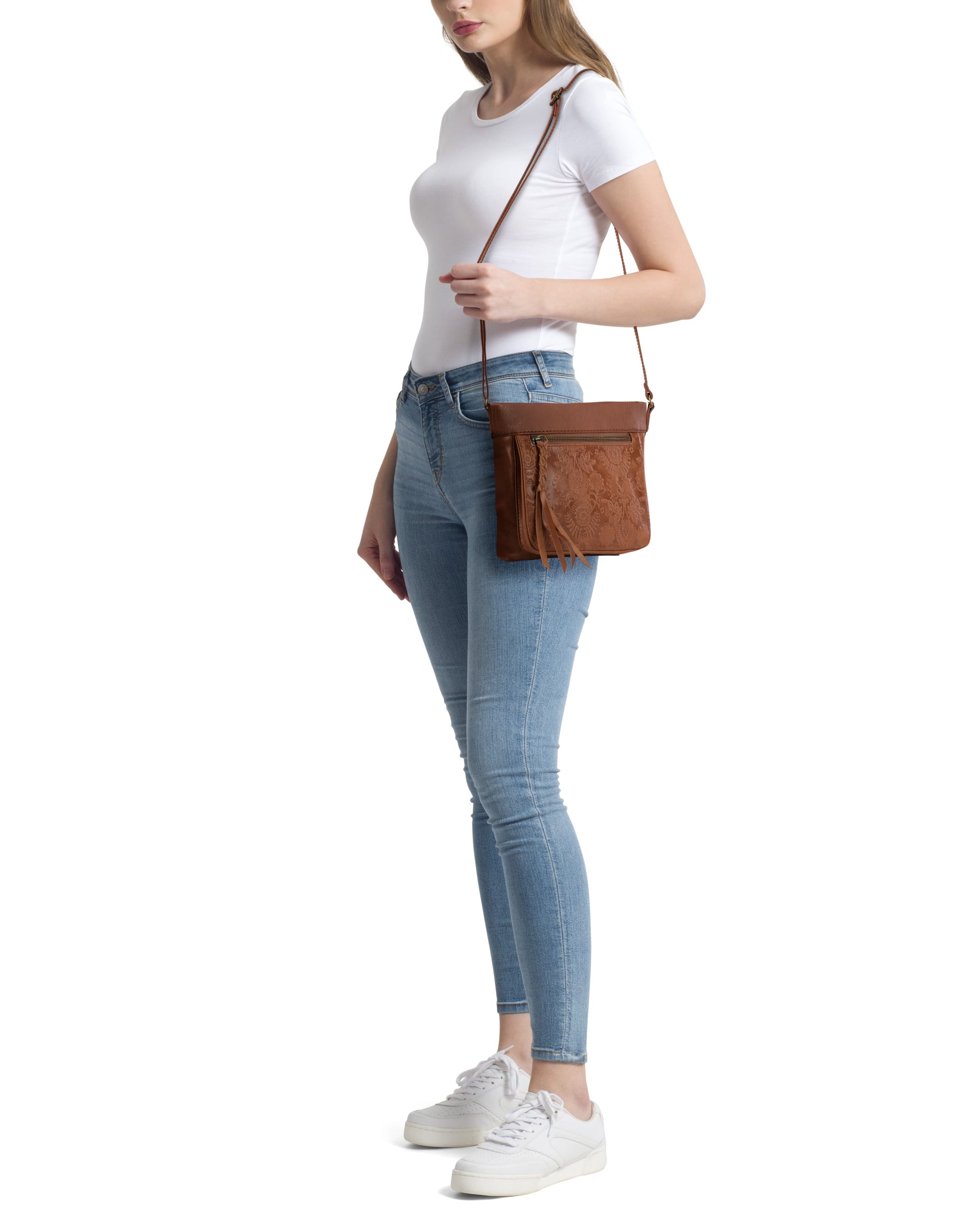 The Sak Sanibel Mini Crossbody Leather - |Tobacco Floral Embossed|