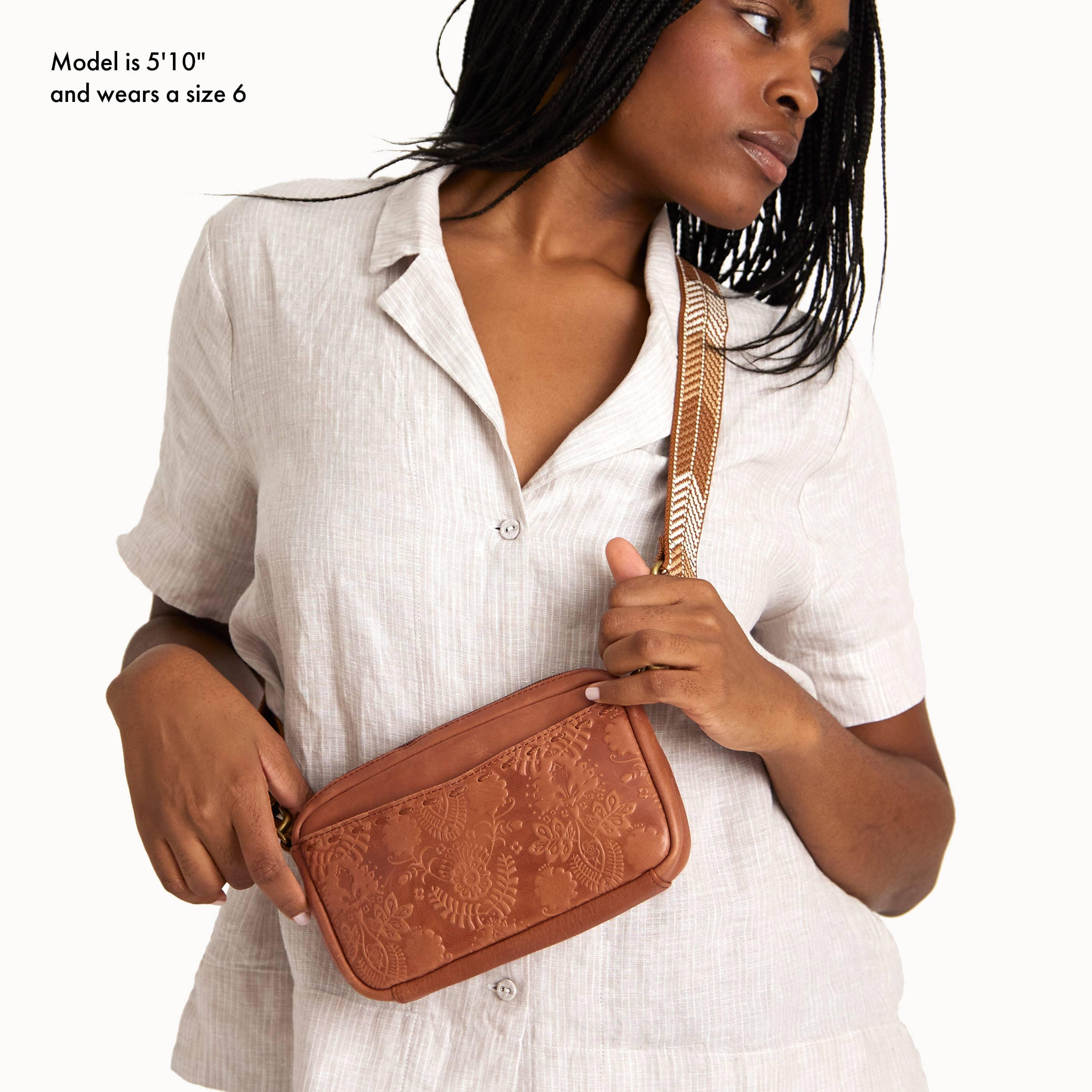 The Sak Cora Smartphone Crossbody - Leather - Tobacco Floral Embossed