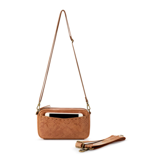 The Sak Cora Smartphone Crossbody Leather - |Tobacco Floral Embossed|