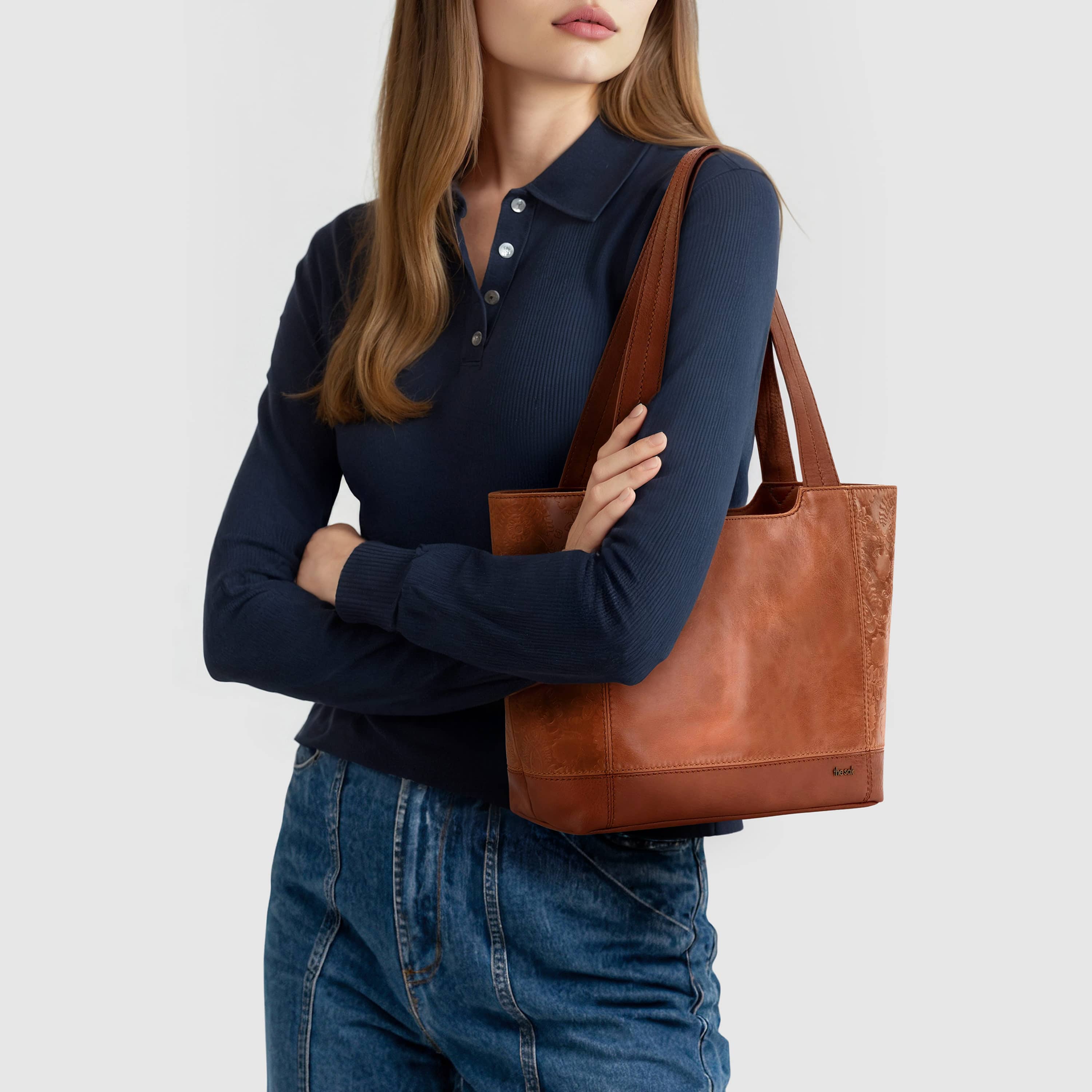 The Sak De Young Tote - Leather - Tobacco Floral Embossed