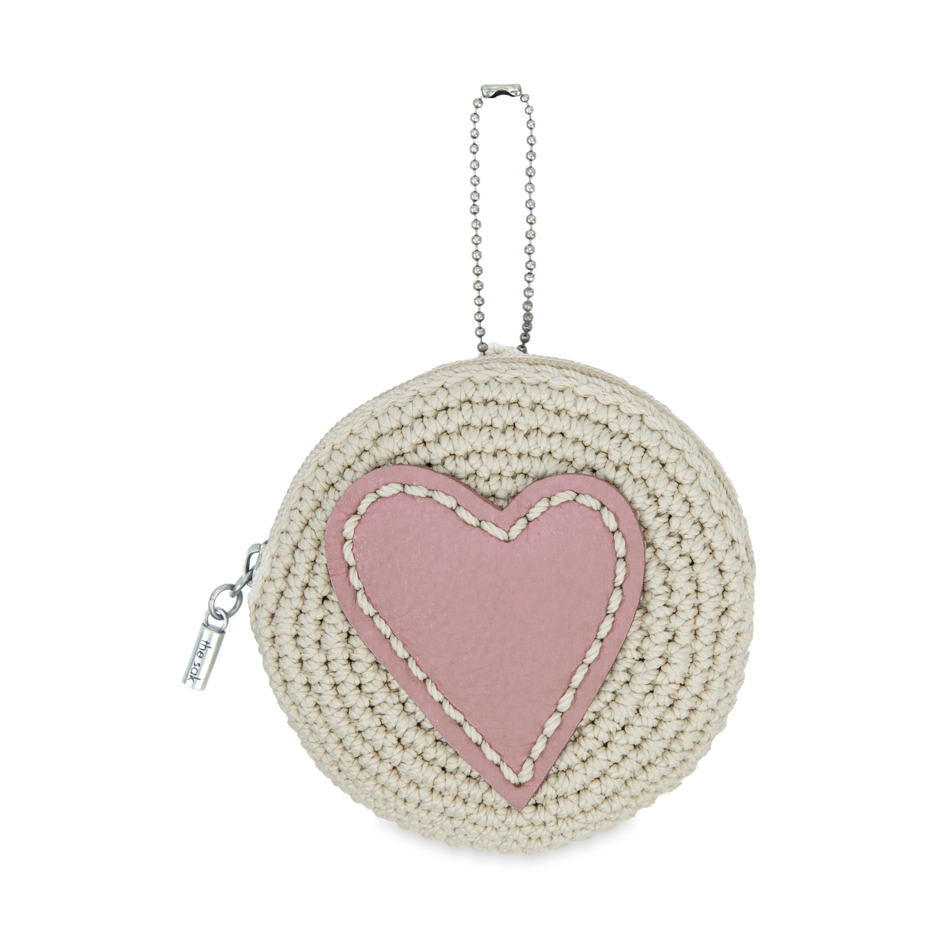 The Sak Circle Coin Pouch - Hand Crochet - Ecru Rosewood Heart