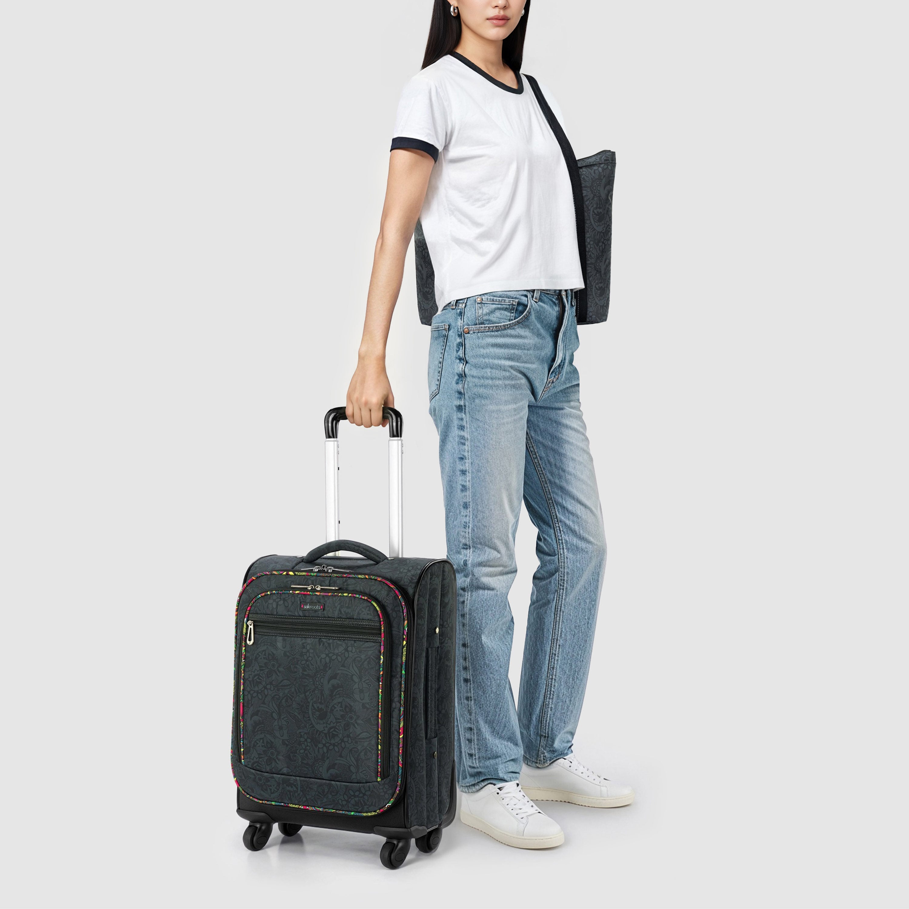 Sakroots On The Go 21" Spinner Luggage Bundle - EcoTwill - Black Rainbow Spirit Desert