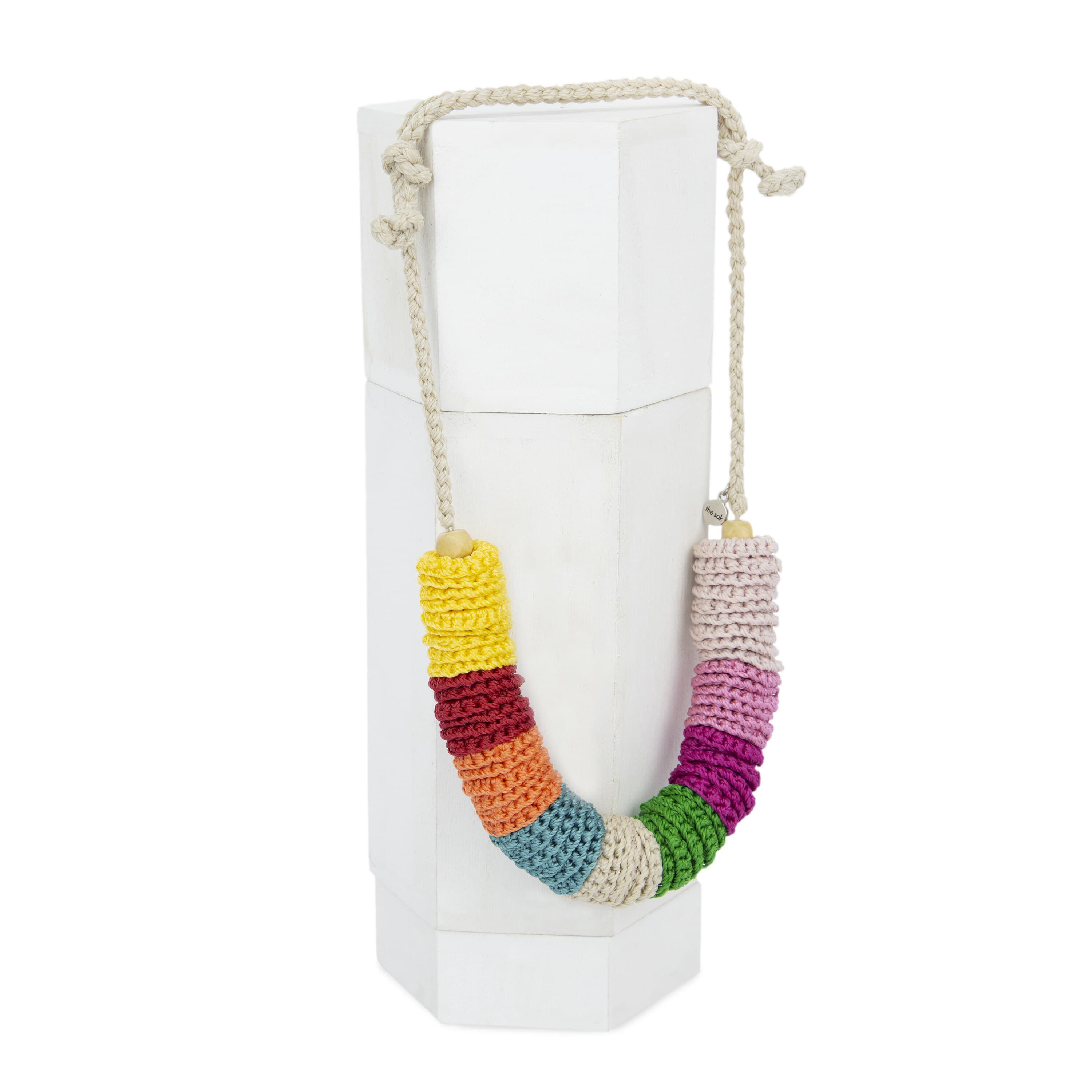 The Sak Jasper Disc Necklace - Hand Crochet - Beach Stripe