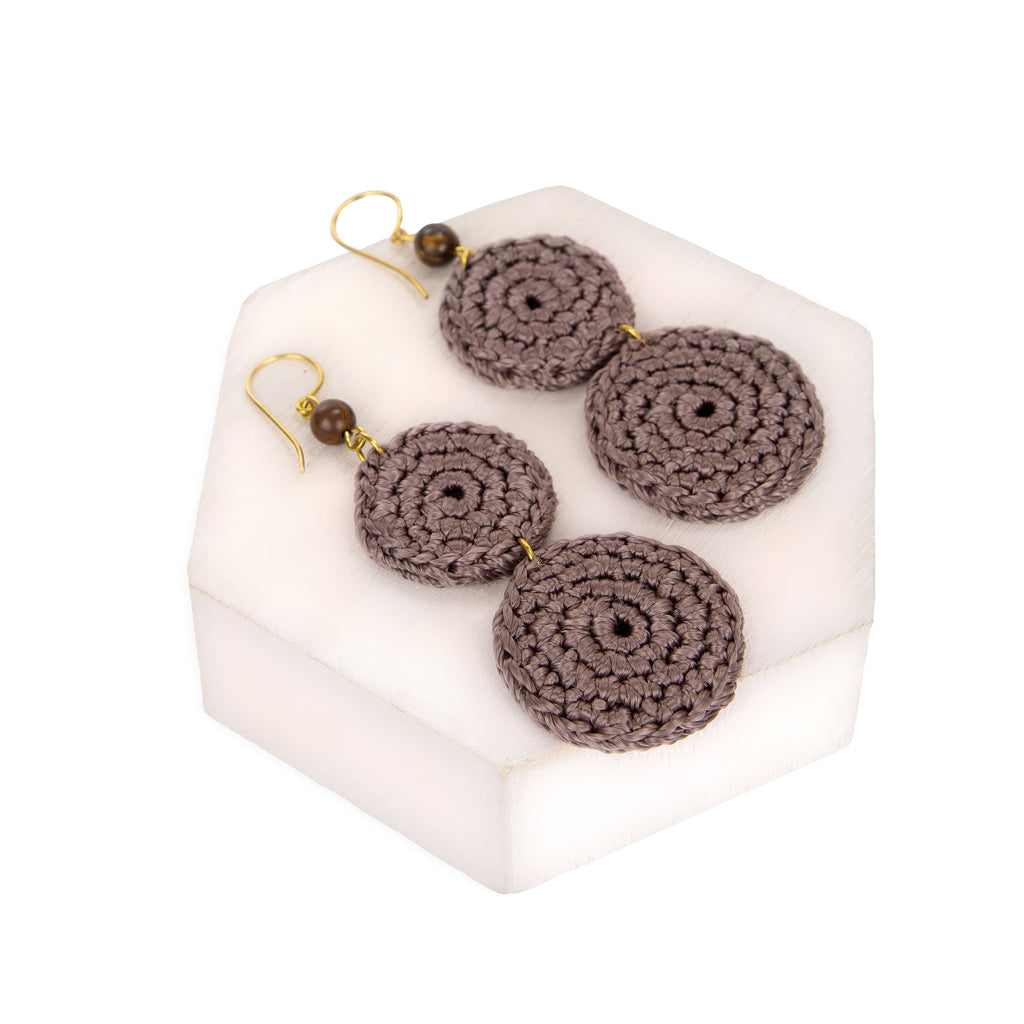 The Sak Jasper Double Disc Earrings - Hand Crochet - Mushroom