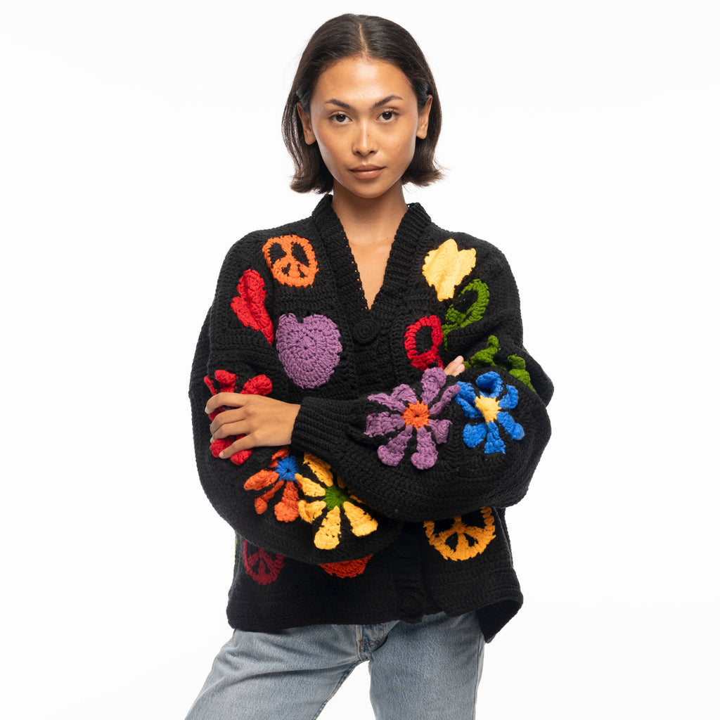 The Sak Haven Oversized Cardigan - Hand Crochet - Black Peace and Love
