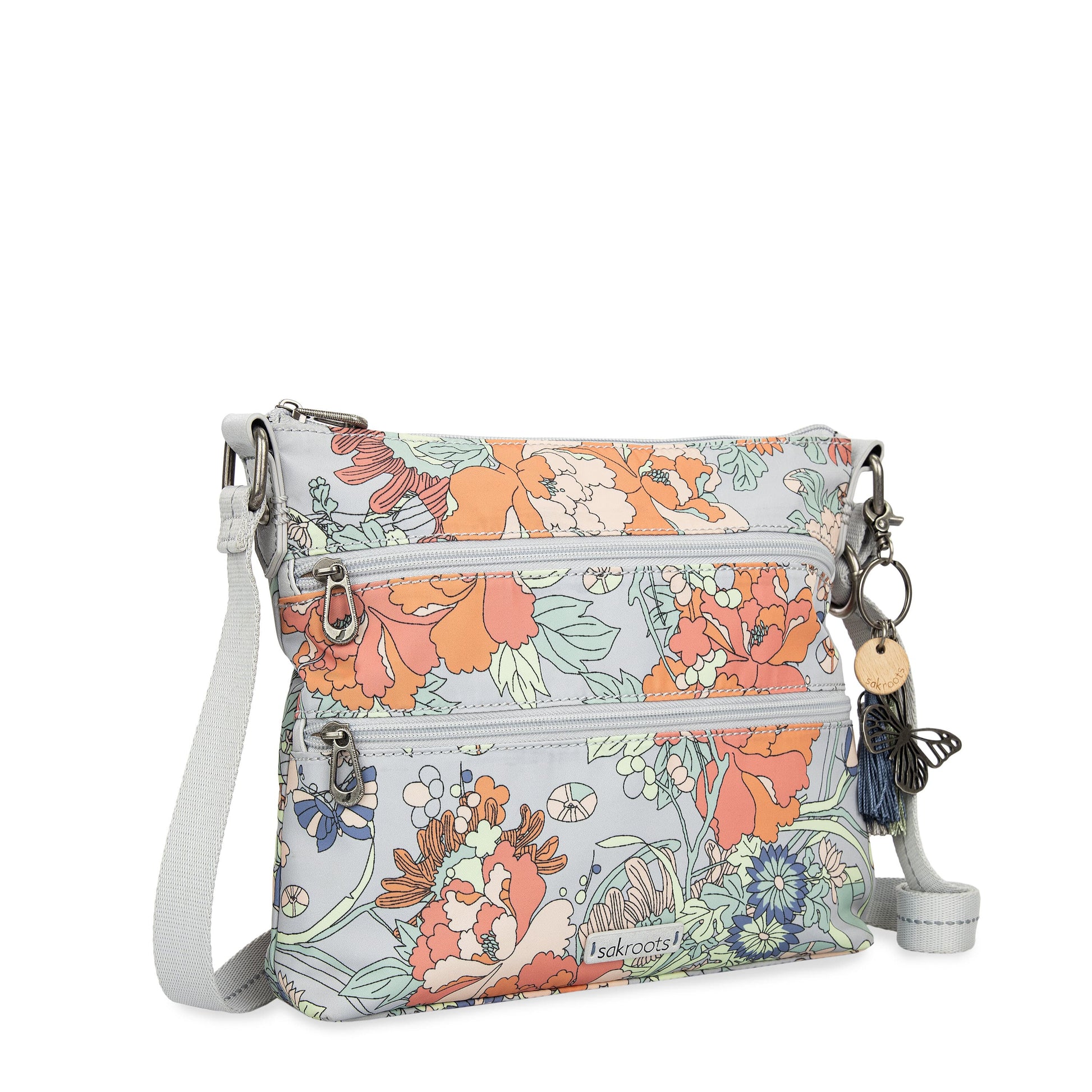 Sakroots Basic Crossbody EcoTwill - |Light Grey Flower Power|