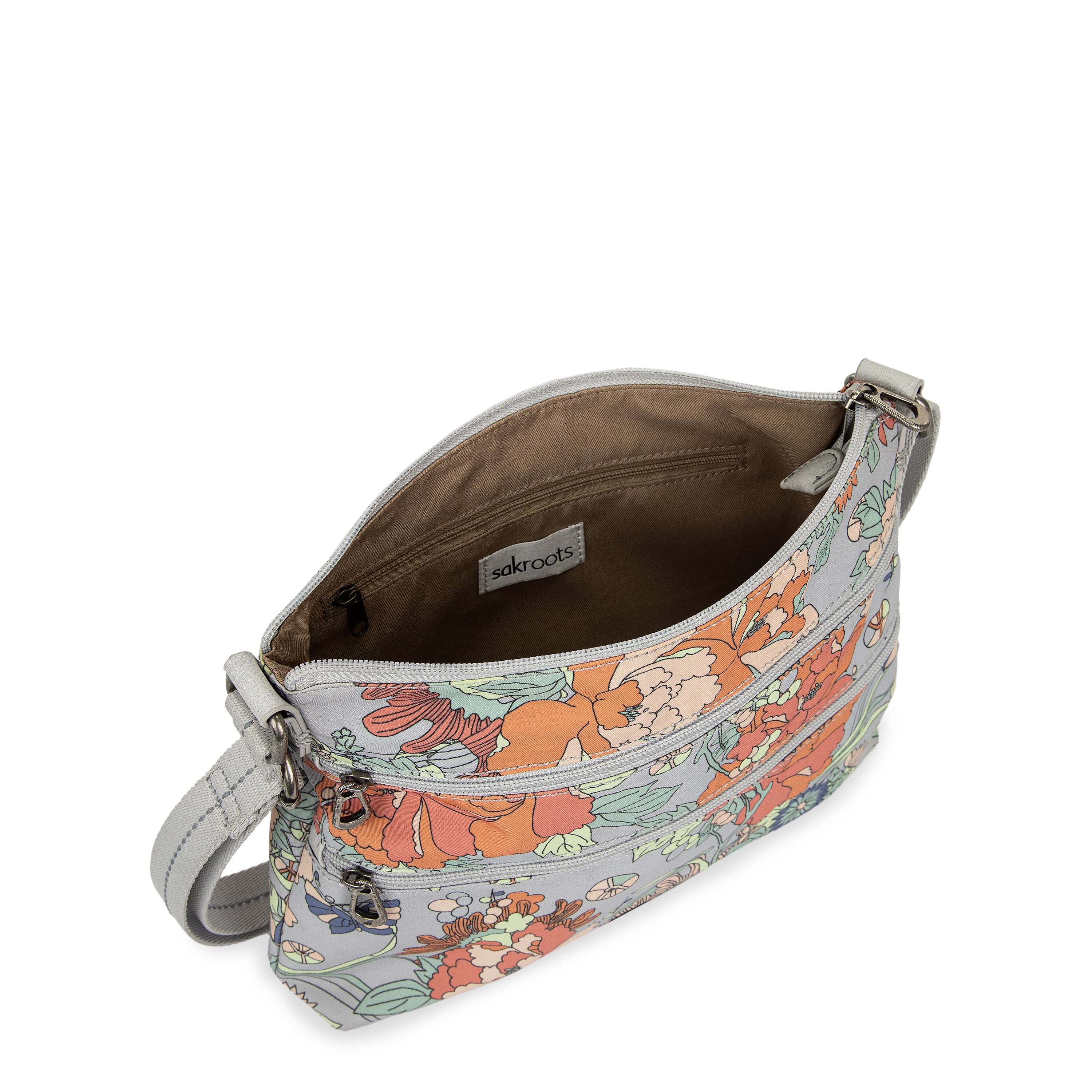 Sakroots Basic Crossbody - EcoTwill - Light Grey Flower Power