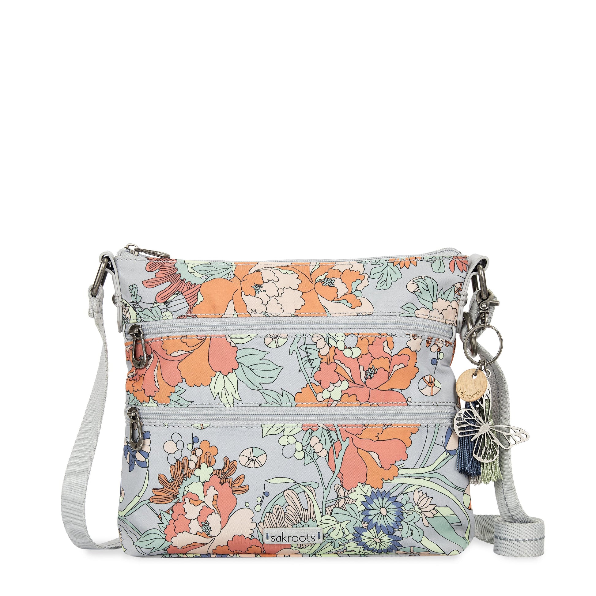 Sakroots Basic Crossbody EcoTwill - |Light Grey Flower Power|