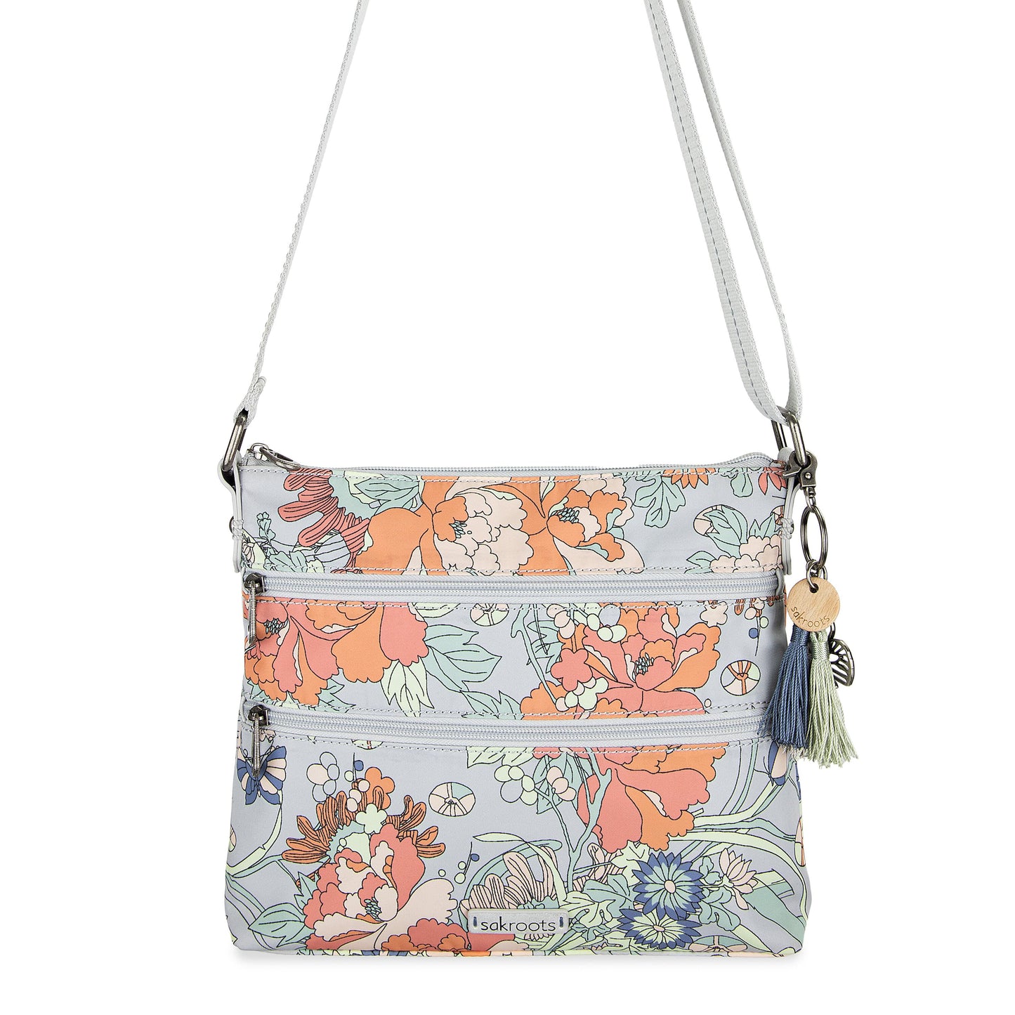 Sakroots Basic Crossbody EcoTwill - |Light Grey Flower Power|