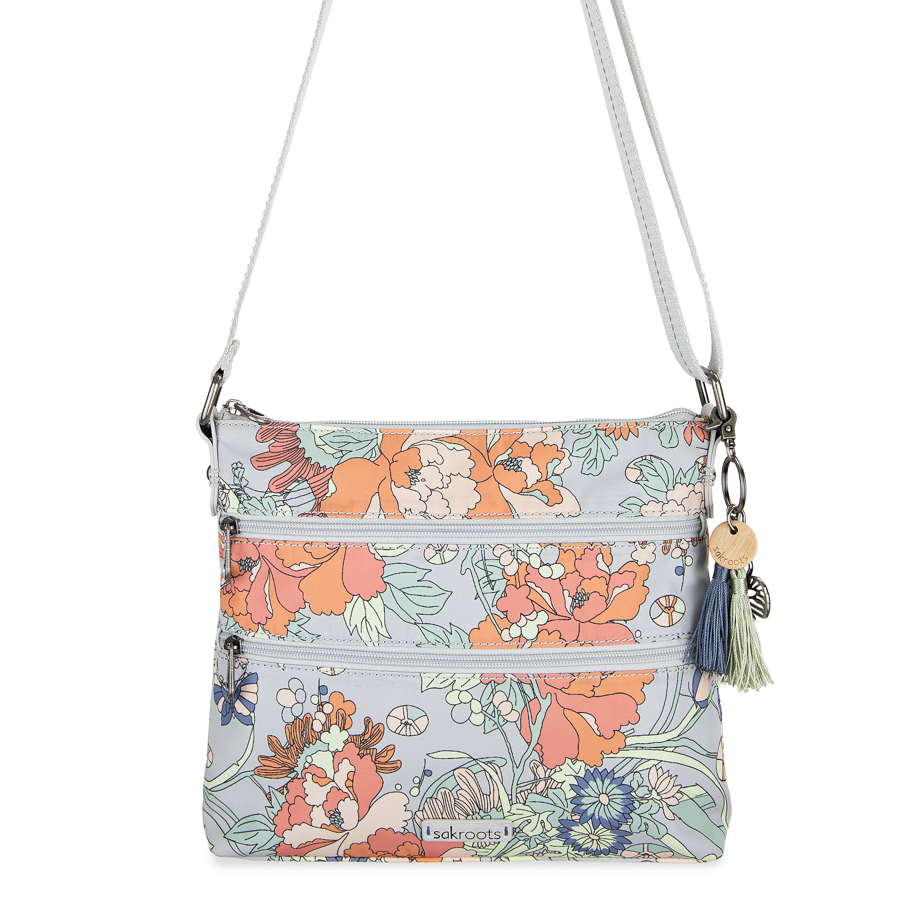 Sakroots Basic Crossbody - EcoTwill - Light Grey Flower Power