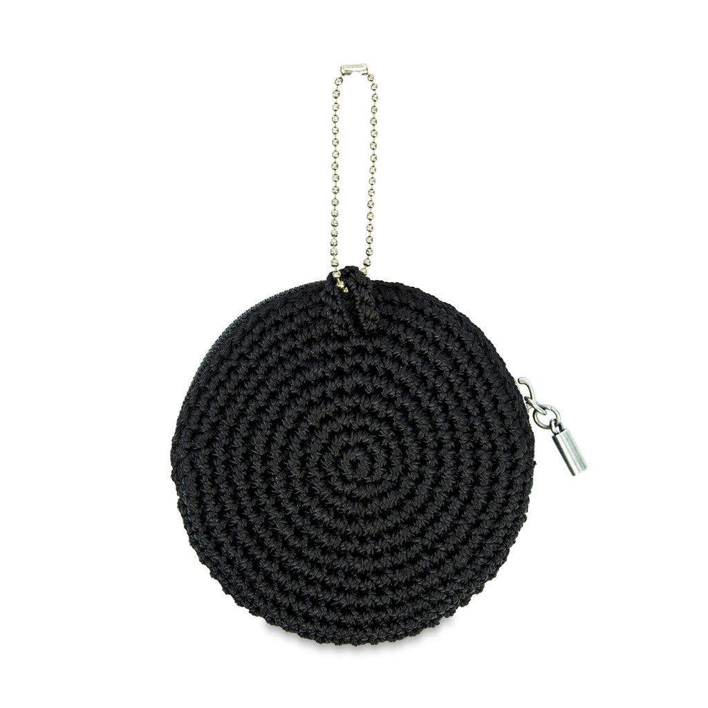 The Sak Circle Coin Pouch - Hand Crochet - Black Silver Heart