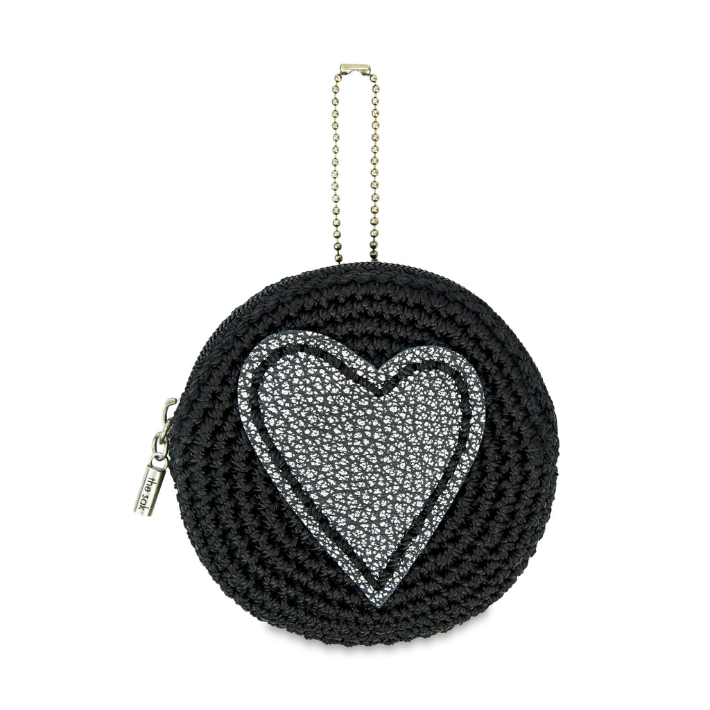 The Sak Circle Coin Pouch - Hand Crochet - Black Silver Heart