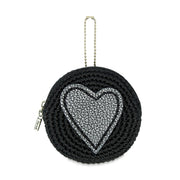 Circle Coin Pouch - Hand Crochet - Black Silver Heart