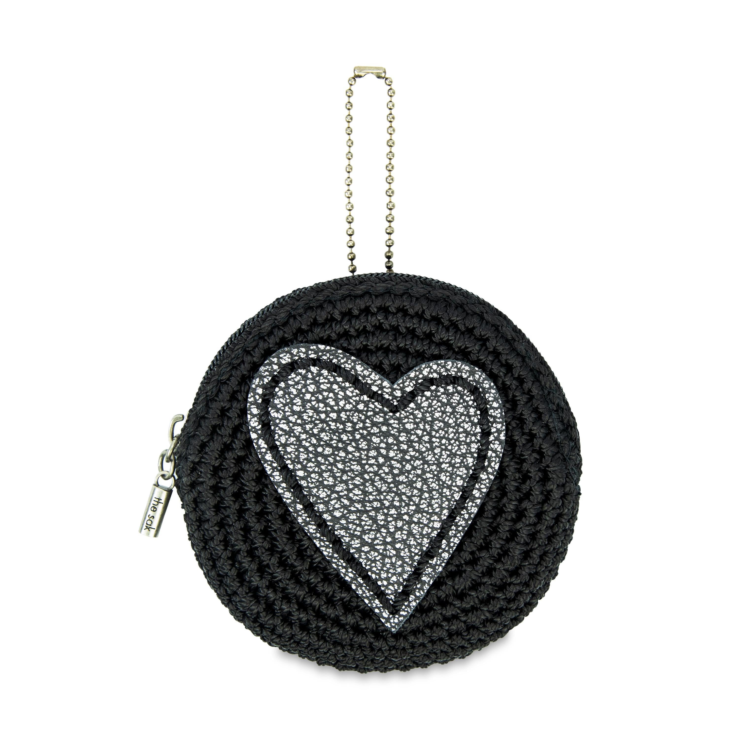 The Sak Circle Coin Pouch - Hand Crochet - Black Silver Heart