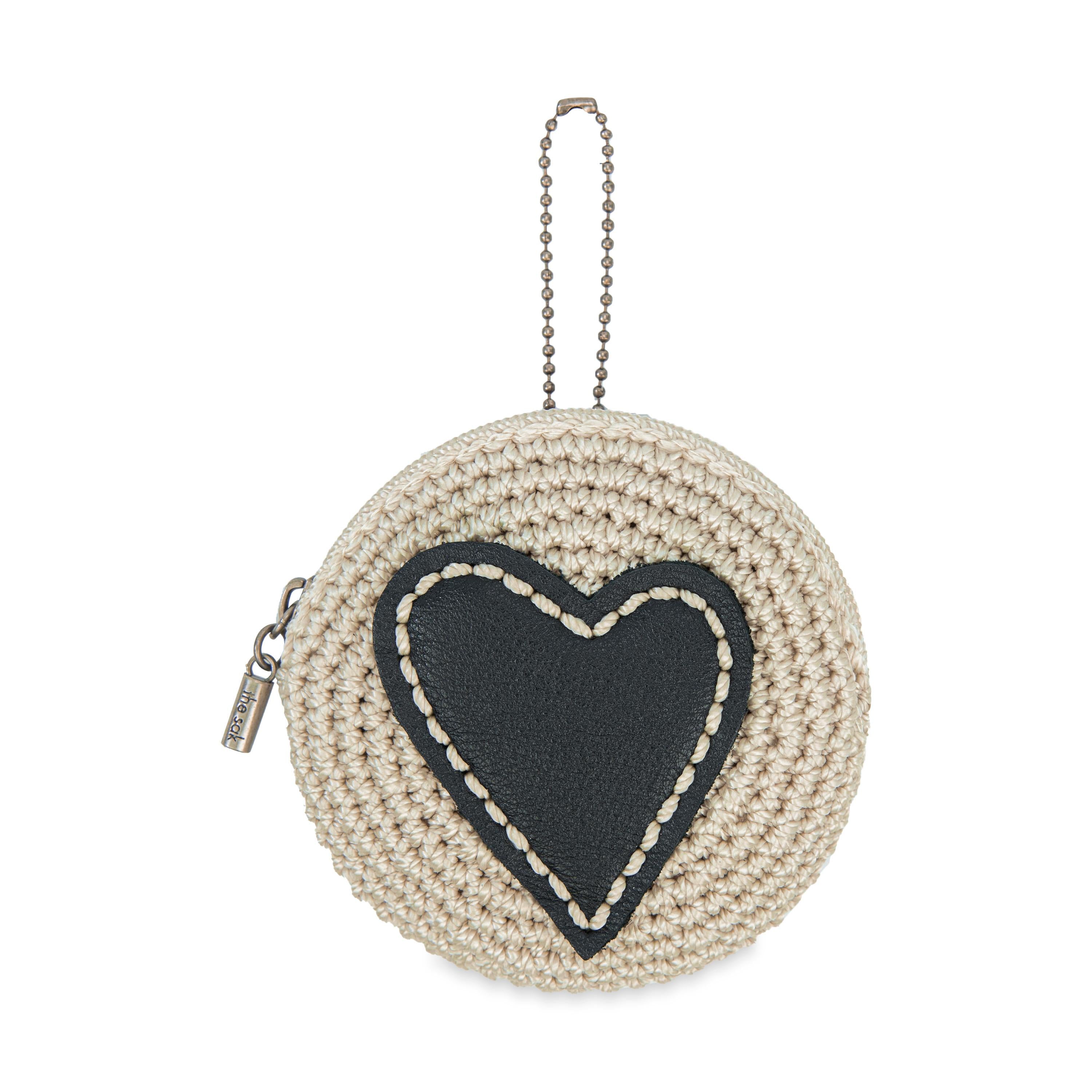 The Sak Circle Coin Pouch - Hand Crochet - Natural Black Heart