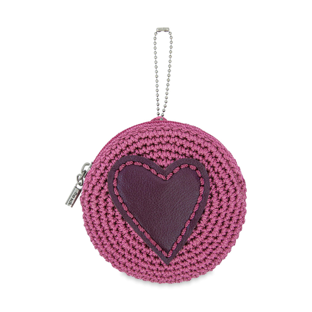 The Sak Circle Coin Pouch - Hand Crochet - Radiant Orchid Aubergine Heart