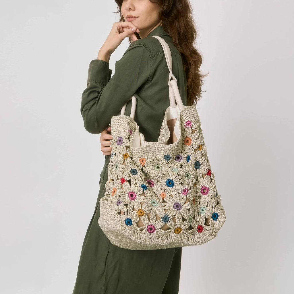 The Sak Los Feliz Large Tote - Hand Crochet - Natural Multi Flowers