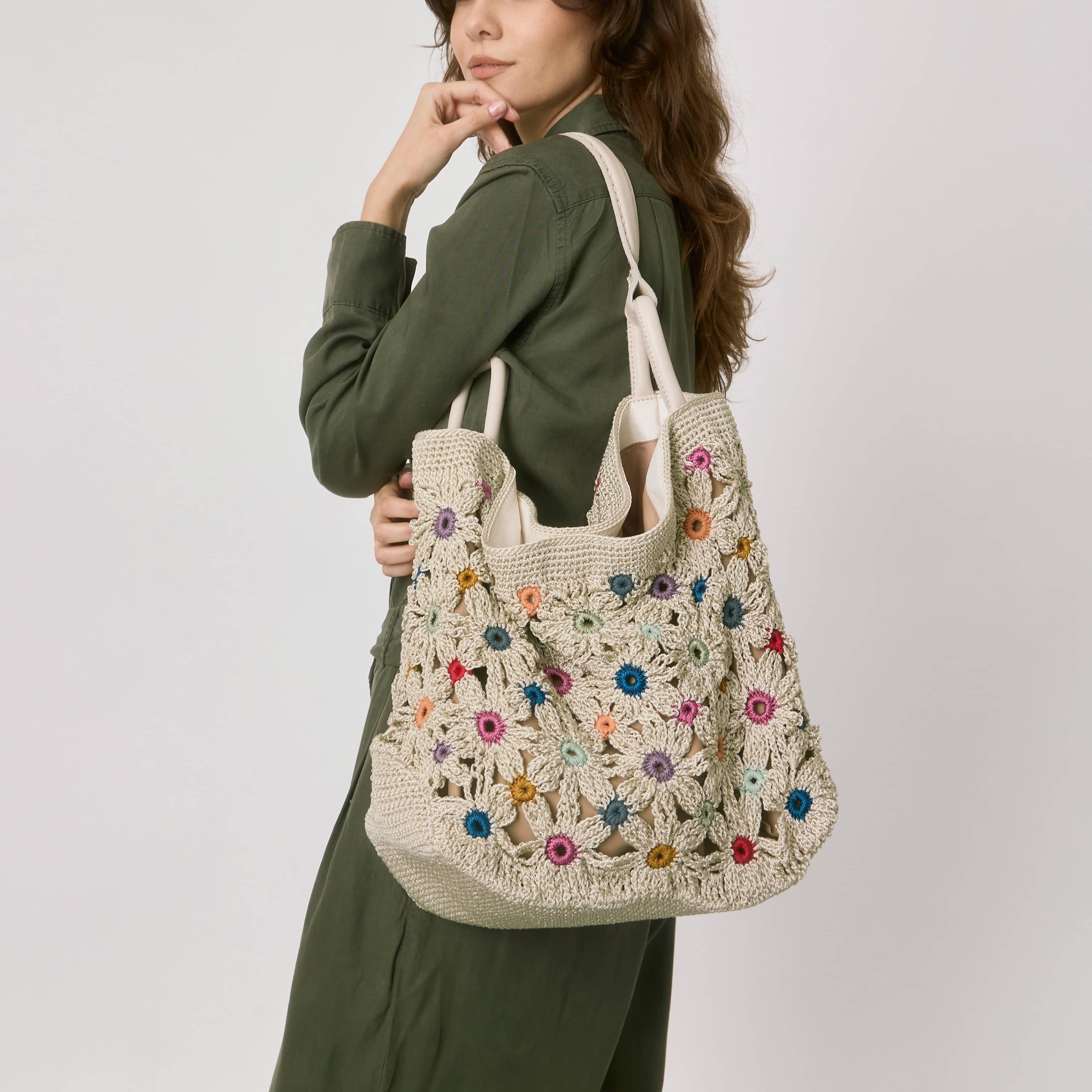 The Sak Los Feliz Large Tote - Hand Crochet - Natural Multi Flowers