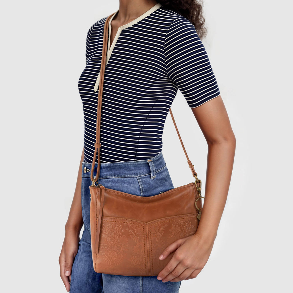 The Sak Alameda Crossbody - Leather - Tobacco Floral Embossed