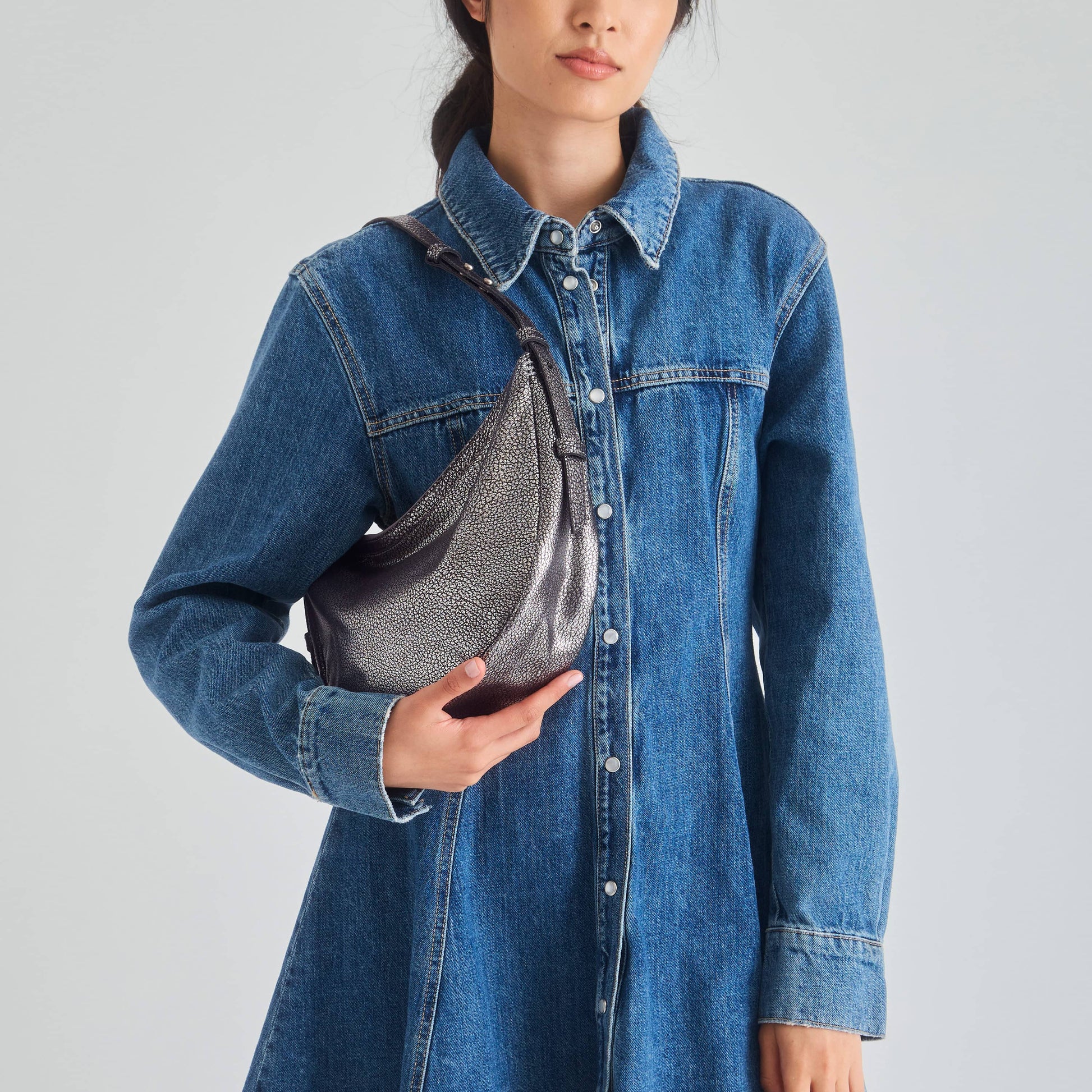 The Sak Tess Crescent Shoulder Bag - Leather - Dark Silver