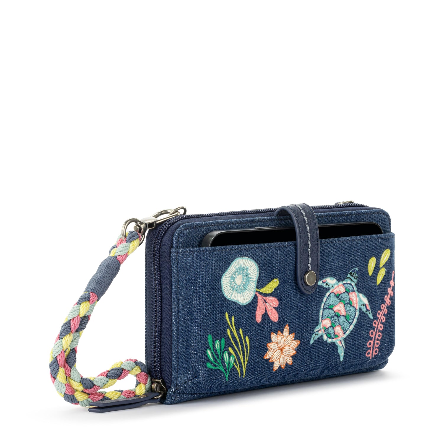 The Sak Iris Large Smartphone Crossbody Denim - |Reef Seascape Embroidery|