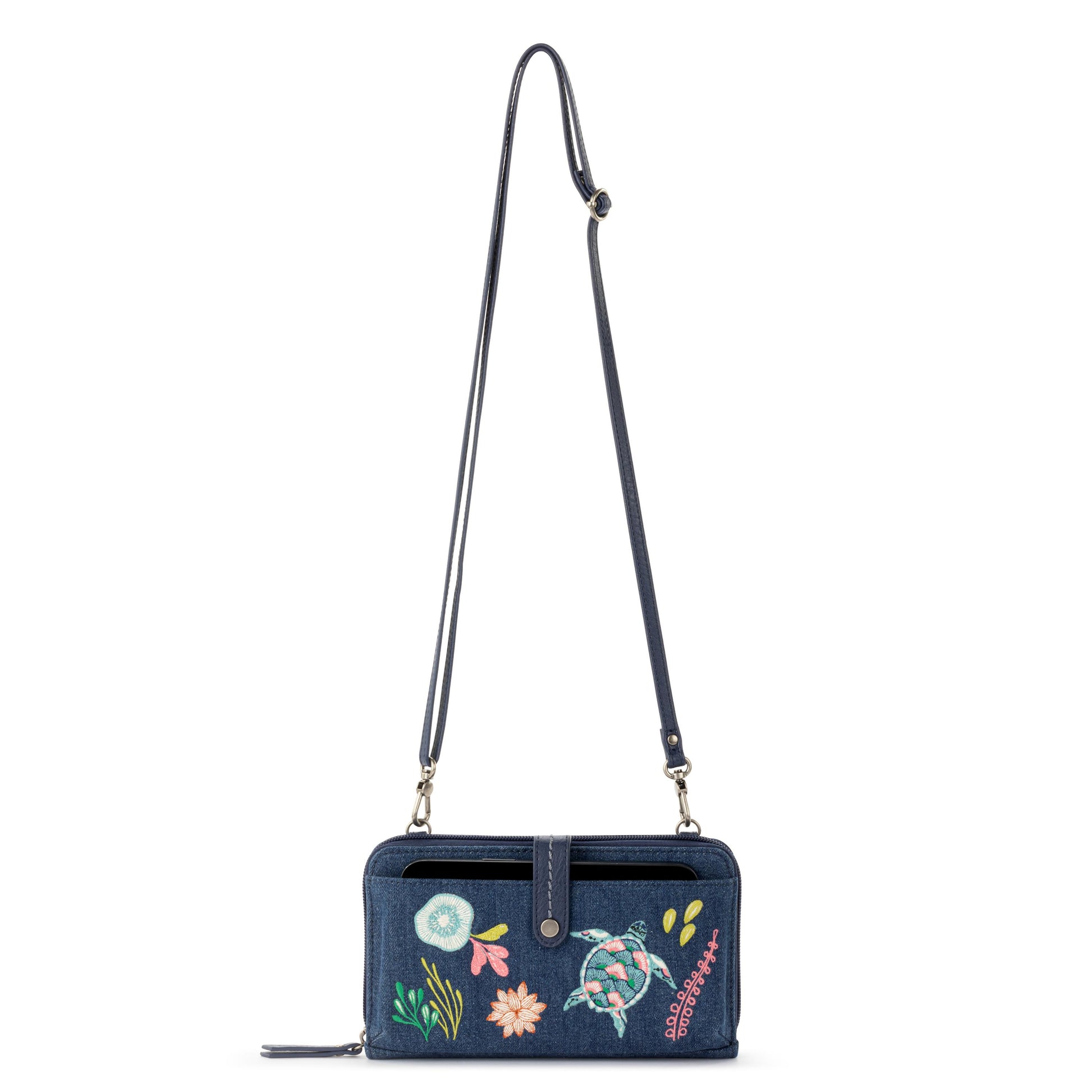 The Sak Iris Large Smartphone Crossbody Denim - |Reef Seascape Embroidery|