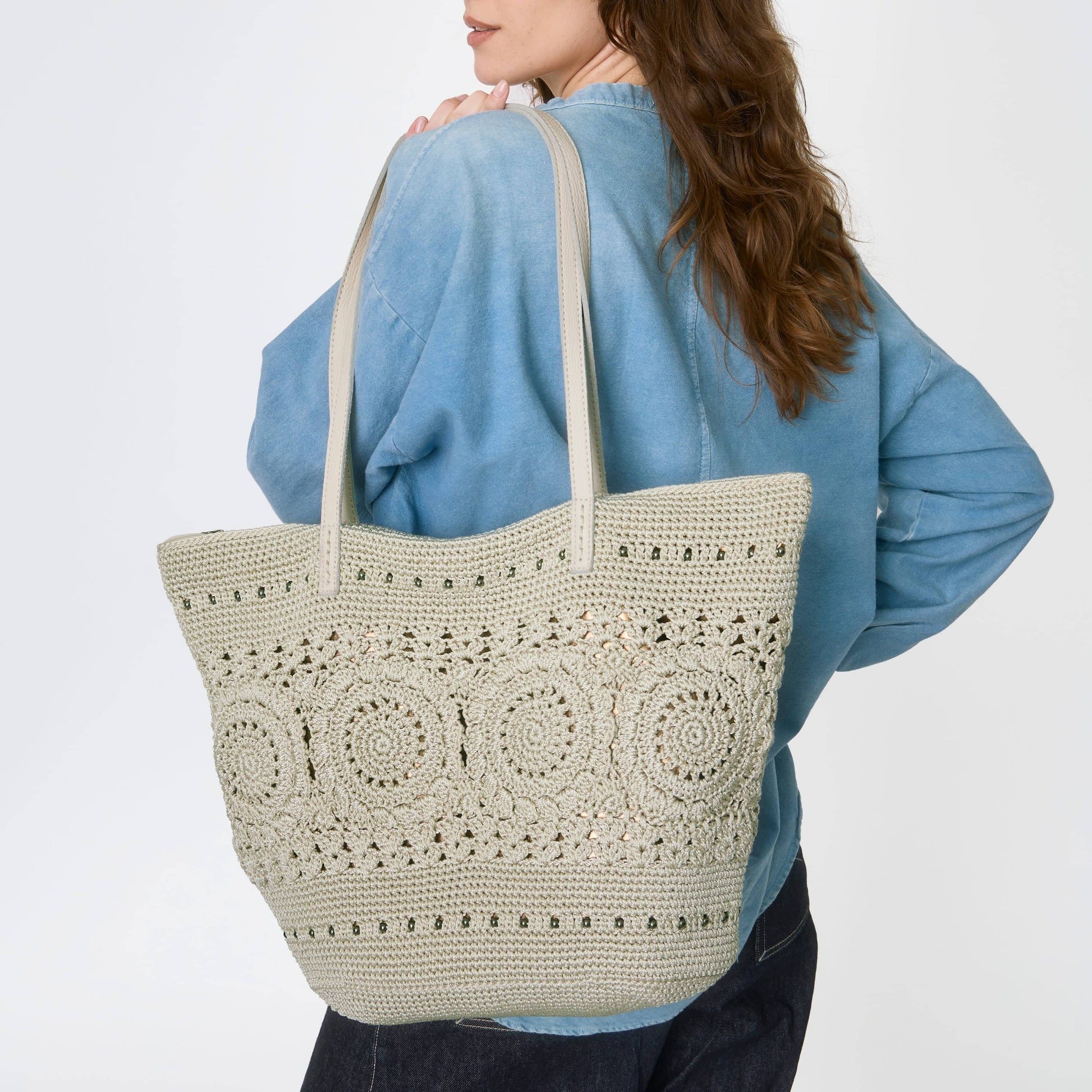 The Sak Faye Large Tote Crochet - Natural Medallion